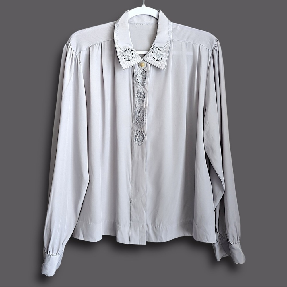 Vintage Button Down Blouse in Dove Grey with Embroidered Details